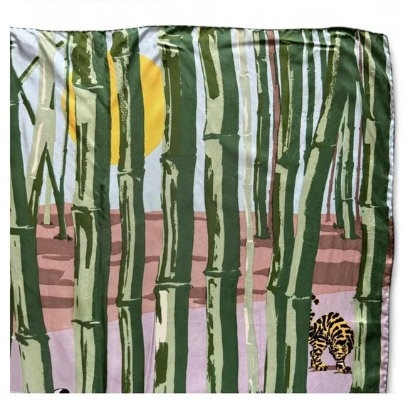 Vintage KEN SCOTT Silk Scarf  1970s "Animalia" Tiger Crane Bamboo‎ Print Flaws - Picture 3 of 13